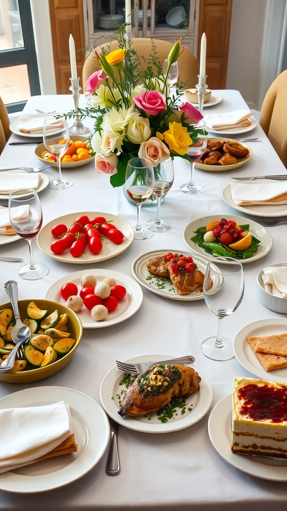 Elegant Dinner Party Menu for Hosting Friends Elegant dinner table set for a party with caprese salad, chicken, vegetables, and tiramisu.